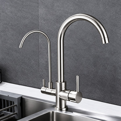 MTTCLE 15 5 in H Dual Handle Deck Mount Dual Spout Pull Down Standard Kitchen Faucet with Water Purification in Brushed Nickel KF015N 01