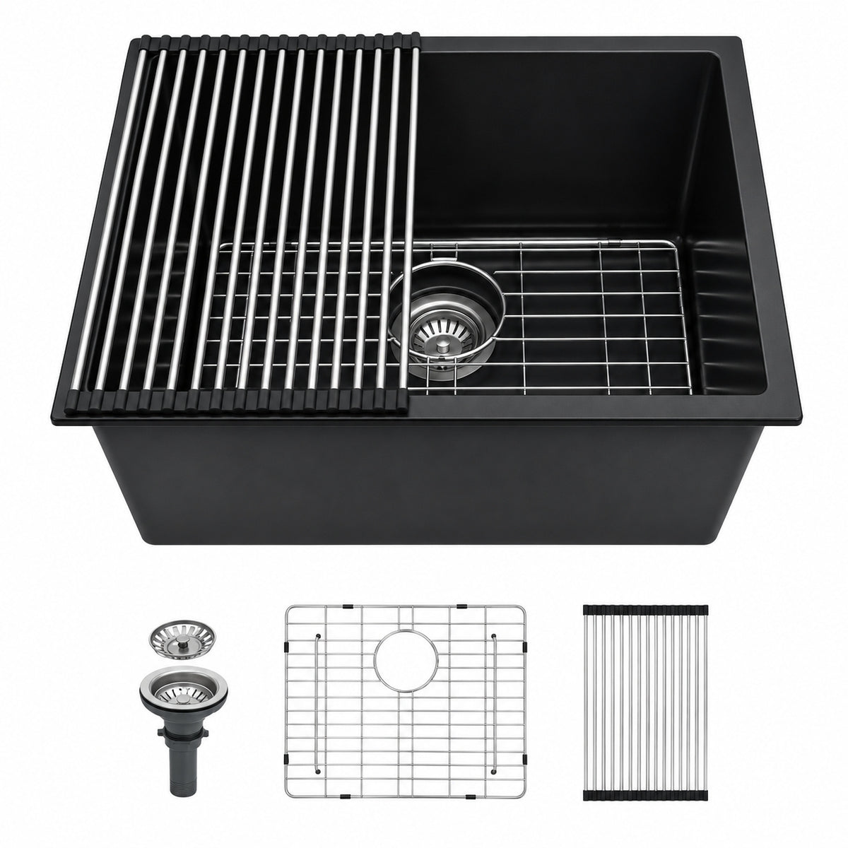 DELUXE DL LIVING 24 in Quartz Granite Composite Undermount Multifunction Single Bowl Kitchen Laundry Sink in Black with Accessories