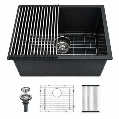 DELUXE DL LIVING 24 in Quartz Granite Composite Undermount Multifunction Single Bowl Kitchen Laundry Sink in Black with Accessories