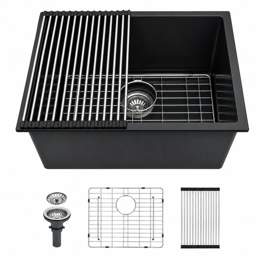 DELUXE DL LIVING 24 in Quartz Granite Composite Undermount Multifunction Single Bowl Kitchen Laundry Sink in Black with Accessories