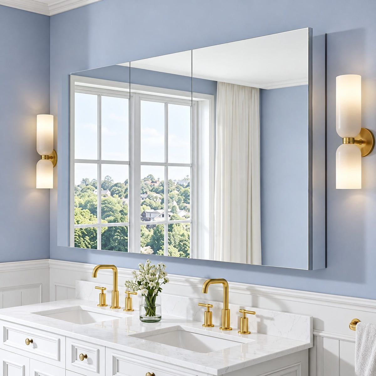 WELLFOR ROSA 64 in W x 36 in H Surface Recessed Mount Rectangular Tri View Aluminum Medicine Cabinet with Mirror Combo Set