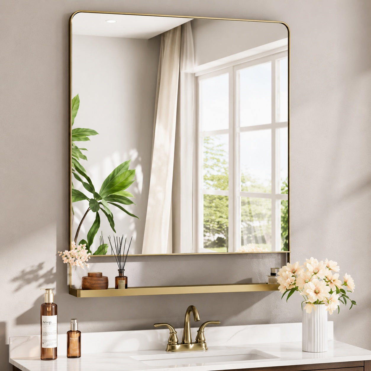 KeonJinn 30 in W x 36 in H Rectangular Framed Gold Mirror Metal Wall Bathroom Vanity Mirror with Shelf Vertical
