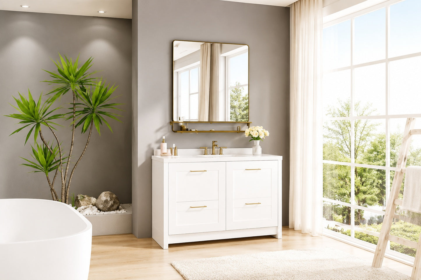 KeonJinn 30 in W x 36 in H Rectangular Framed Gold Mirror Metal Wall Bathroom Vanity Mirror with Shelf Vertical