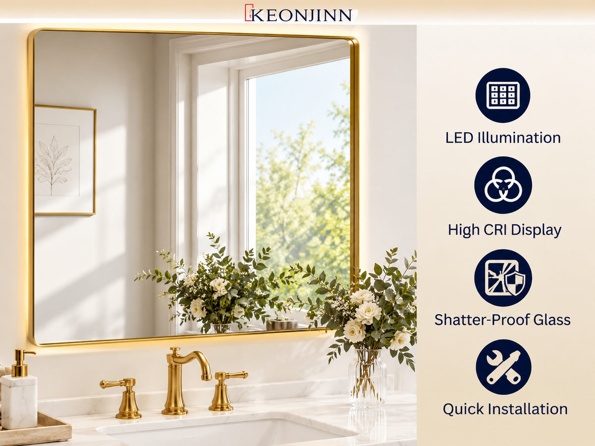 KeonJinn 48 in W x 30 in H Framed Brushed Gold Mirrors for Bathroom Wall Square Corner Bathroom Vanity Mirror Over Sink HD 30KF12175GD