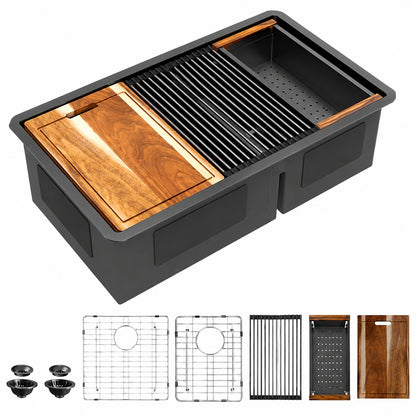 Fulorni 33 in Undermount 50 50 Double Bowl Gunmetal Black Workstation Kitchen Sink Stainless Steel Sink with Accessories