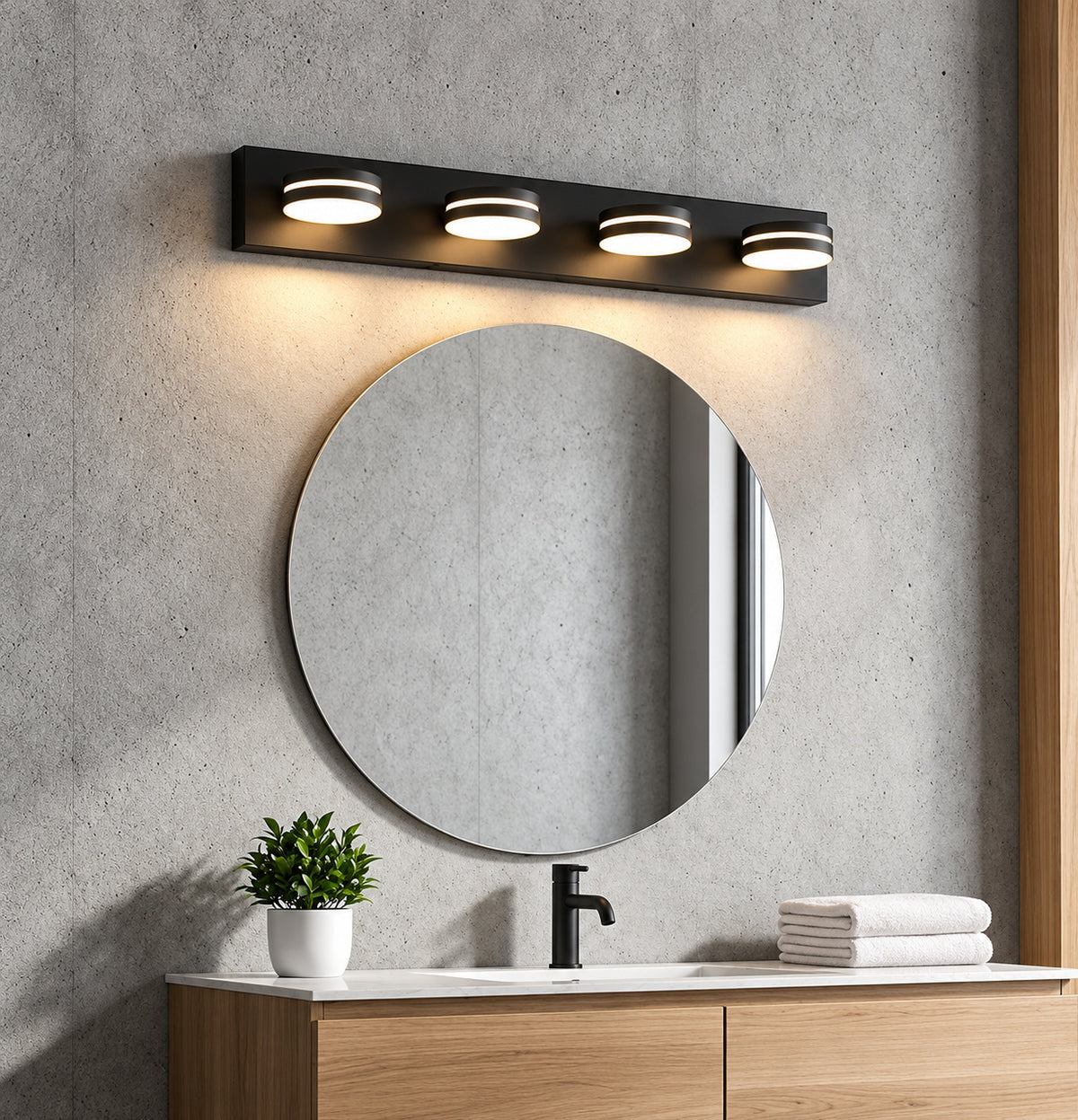 JUSHENG 30 in 4 Light Black Bathroom Dimmable LED Vanity Light with 5 CCT Adjustable Switch and Acrylic Lampshade HD 9817 4 BK 5CCT
