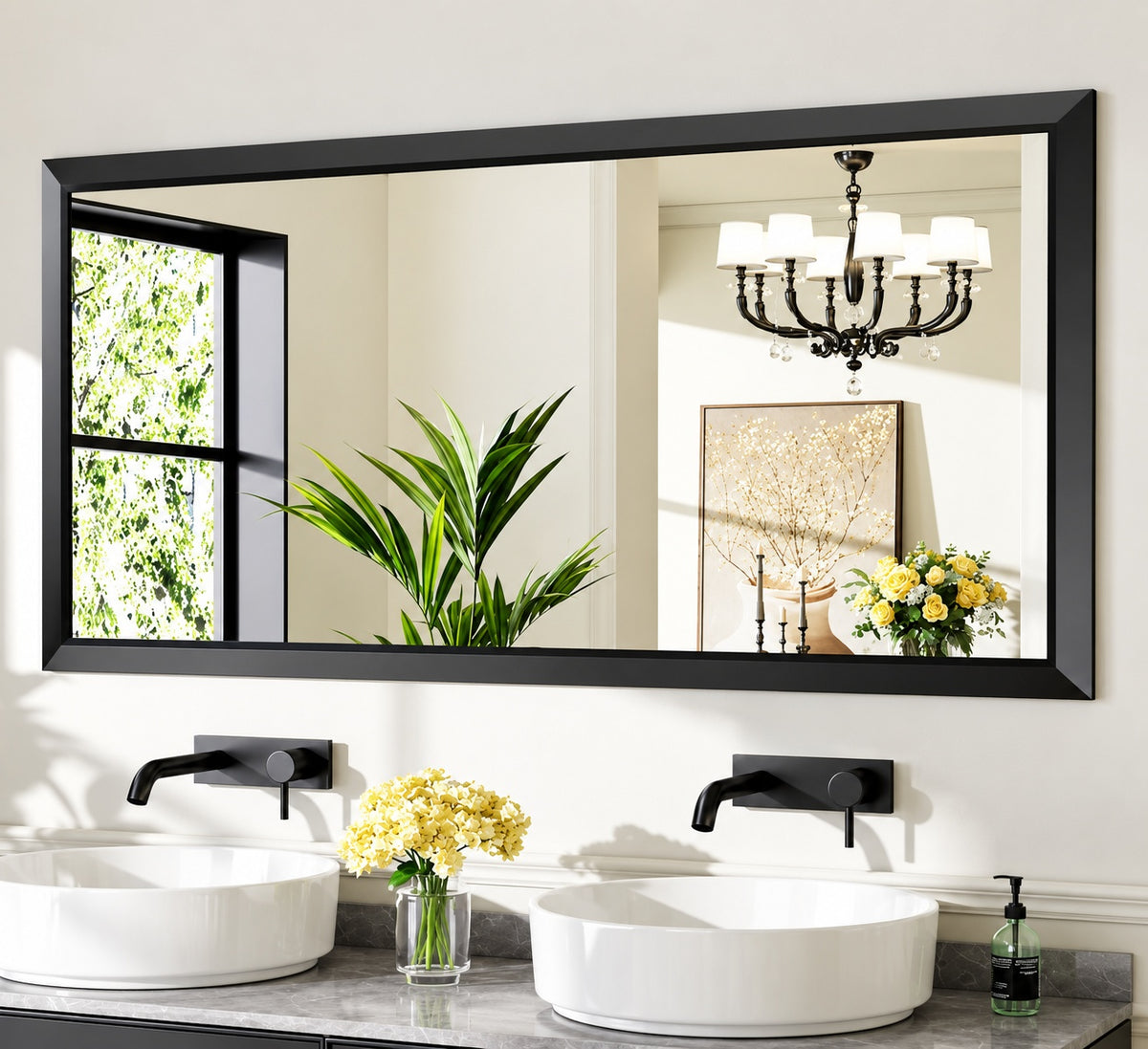 KIOTEE 60 in W x 30 in H Rectangular Framed French Cleat Wall Mounted Tempered Glass Bathroom Vanity Mirror in Black
