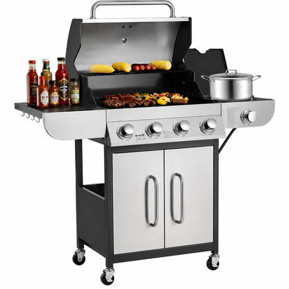 VEVOR Portable Propane Grill in Stainless Steel 4 Burner with Side Burner 425 sq in Grilling Area