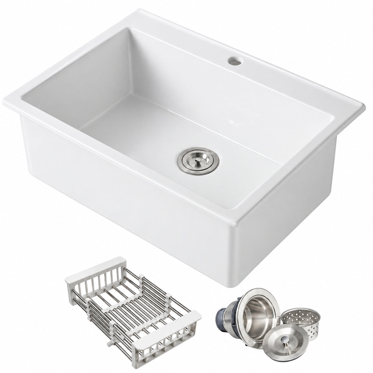 AKDY White Fireclay 30 in Single Bowl Drop in Mount Kitchen Sink with Basket Strainer