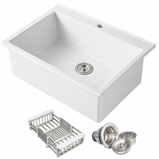 AKDY White Fireclay 30 in Single Bowl Drop in Mount Kitchen Sink with Basket Strainer