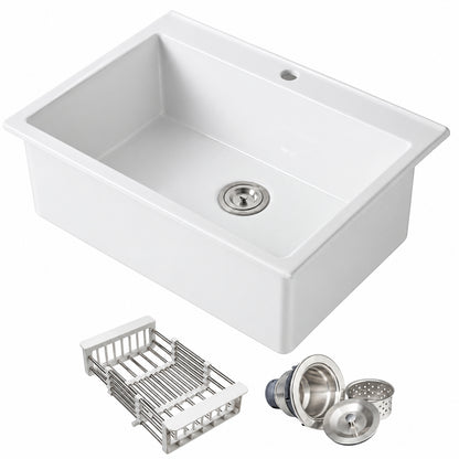 AKDY White Fireclay 30 in Single Bowl Drop in Mount Kitchen Sink with Basket Strainer