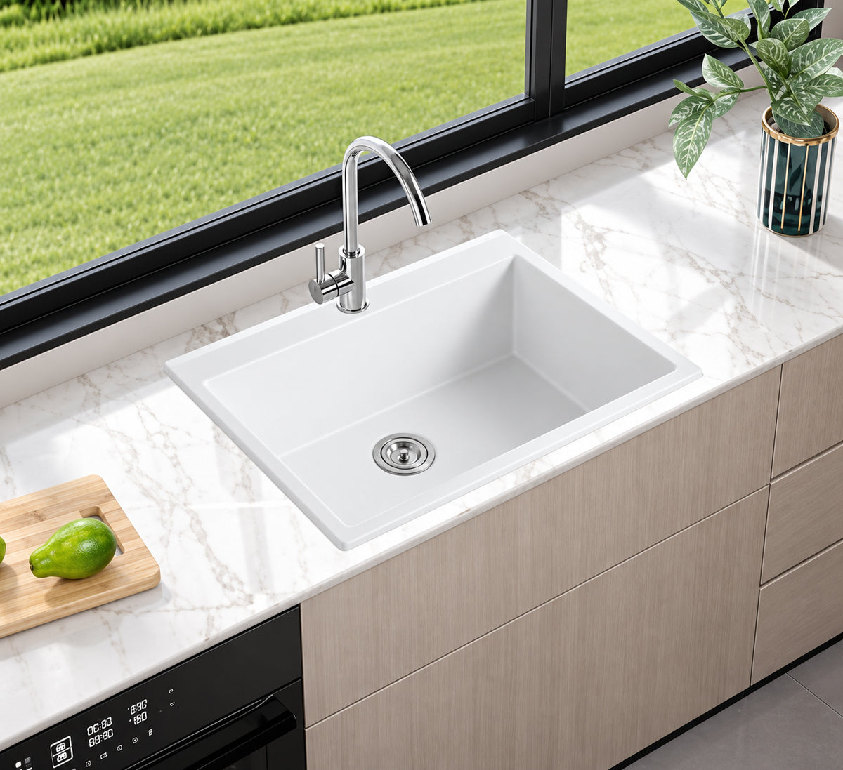AKDY White Fireclay 30 in Single Bowl Drop in Mount Kitchen Sink with Basket Strainer