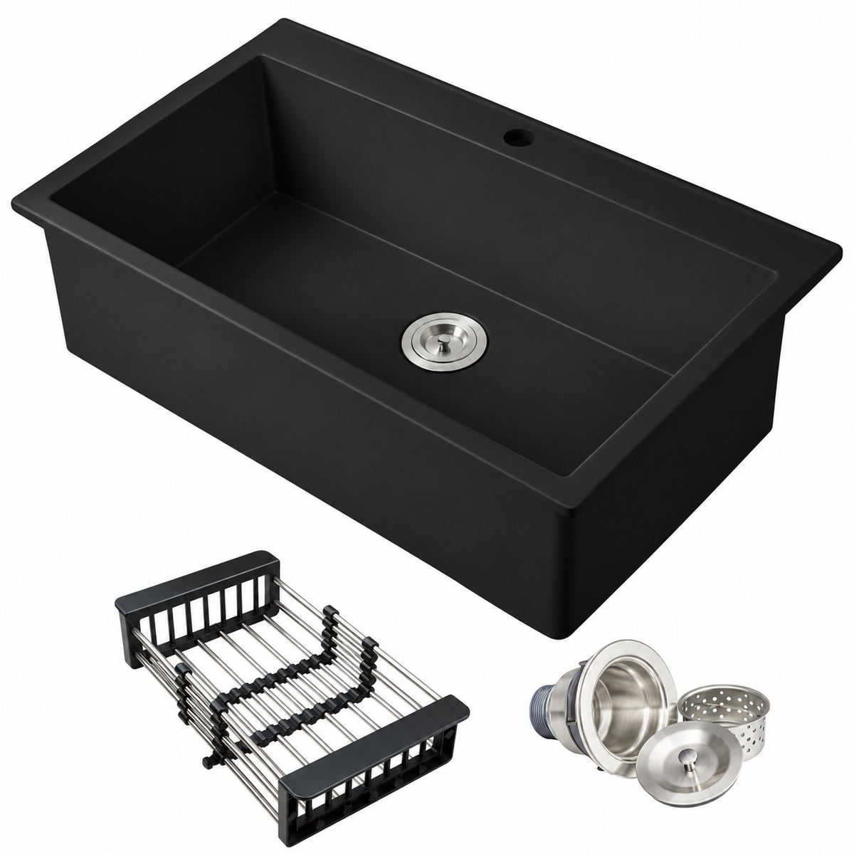 AKDY Black Fireclay 36 in Single Bowl Drop in Mount Kitchen Sink with Basket Strainer