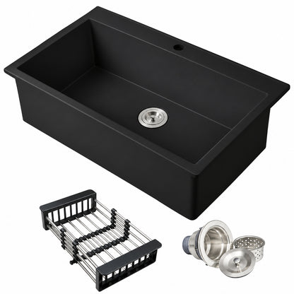 AKDY Black Fireclay 36 in Single Bowl Drop in Mount Kitchen Sink with Basket Strainer