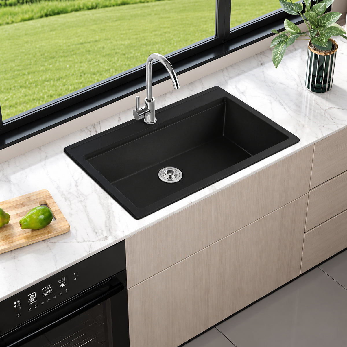 AKDY Black Fireclay 36 in Single Bowl Drop in Mount Kitchen Sink with Basket Strainer
