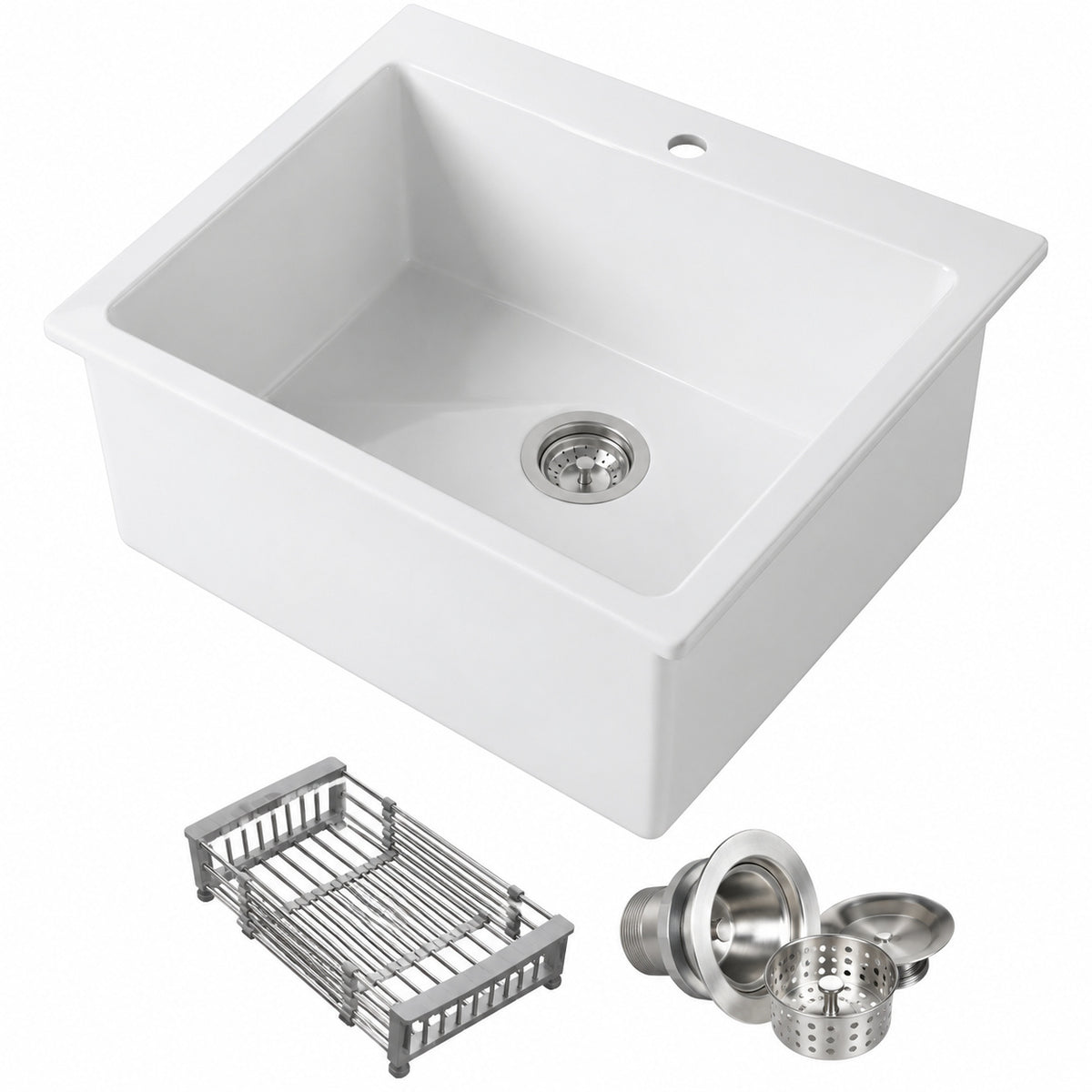 AKDY White Fireclay 25 in Single Bowl Drop in Mount Workstation Kitchen Sink with Basket Strainer and Sink Grid KS821W DS
