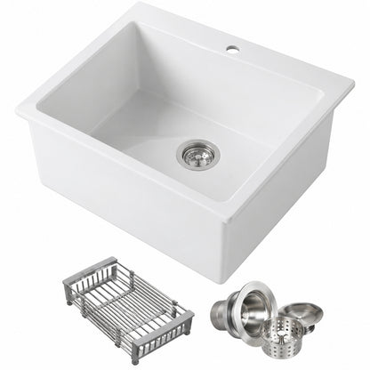 AKDY White Fireclay 25 in Single Bowl Drop in Mount Workstation Kitchen Sink with Basket Strainer and Sink Grid KS821W DS