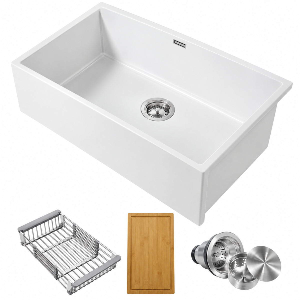 AKDY White Fireclay 33 in Single Bowl Drop in Mount Workstation Kitchen Sink with Basket Strainer KS825W