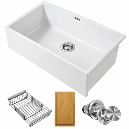 AKDY White Fireclay 33 in Single Bowl Drop in Mount Workstation Kitchen Sink with Basket Strainer KS825W