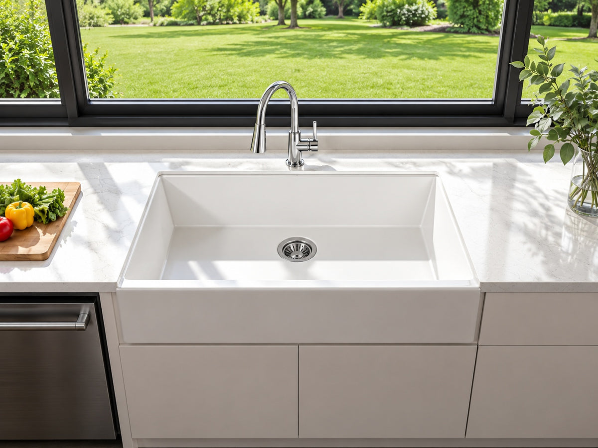 AKDY White Fireclay 33 in Single Bowl Drop in Mount Workstation Kitchen Sink with Basket Strainer KS825W