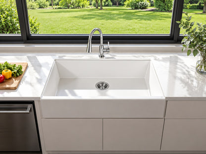 AKDY White Fireclay 33 in Single Bowl Drop in Mount Workstation Kitchen Sink with Basket Strainer KS825W