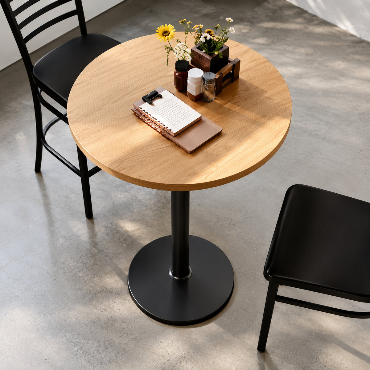 Carnegy Avenue Bennett 42 in H Natural Top Black Base Round Commercial Indoor Bar Table Round Rust Resistant Cast Iron Base Seats 3 CGA GSF 546587 NA HD
