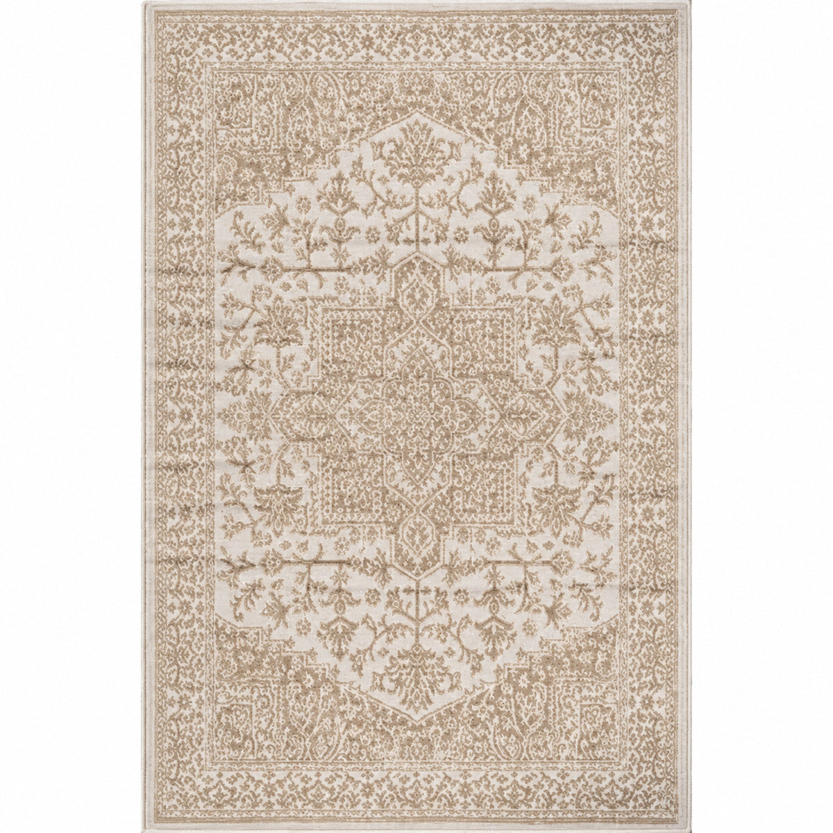 Beverly Rug Athena Beige 8 ft x 10 ft Rubber Back Washable Oriental Border Indoor Outdoor Patio Area Rug