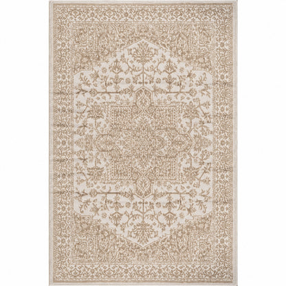 Beverly Rug Athena Beige 8 ft x 10 ft Rubber Back Washable Oriental Border Indoor Outdoor Patio Area Rug