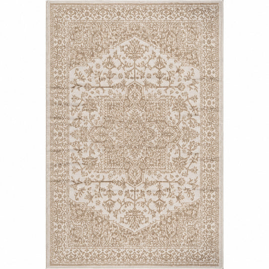 Beverly Rug Athena Beige 8 ft x 10 ft Rubber Back Washable Oriental Border Indoor Outdoor Patio Area Rug