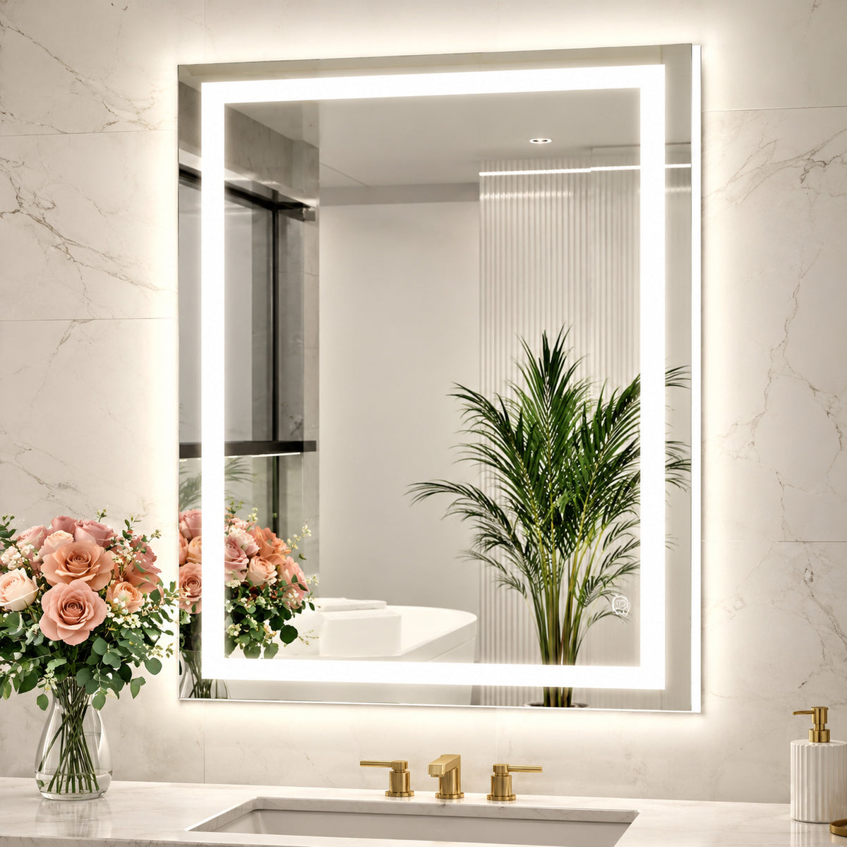 TETOTE 28 in W x 36 in H Rectangular Frameless Wall LED Lighted Bathroom Vanity Mirror with Light with Backlit and Anti Fog HD BM54 7191F
