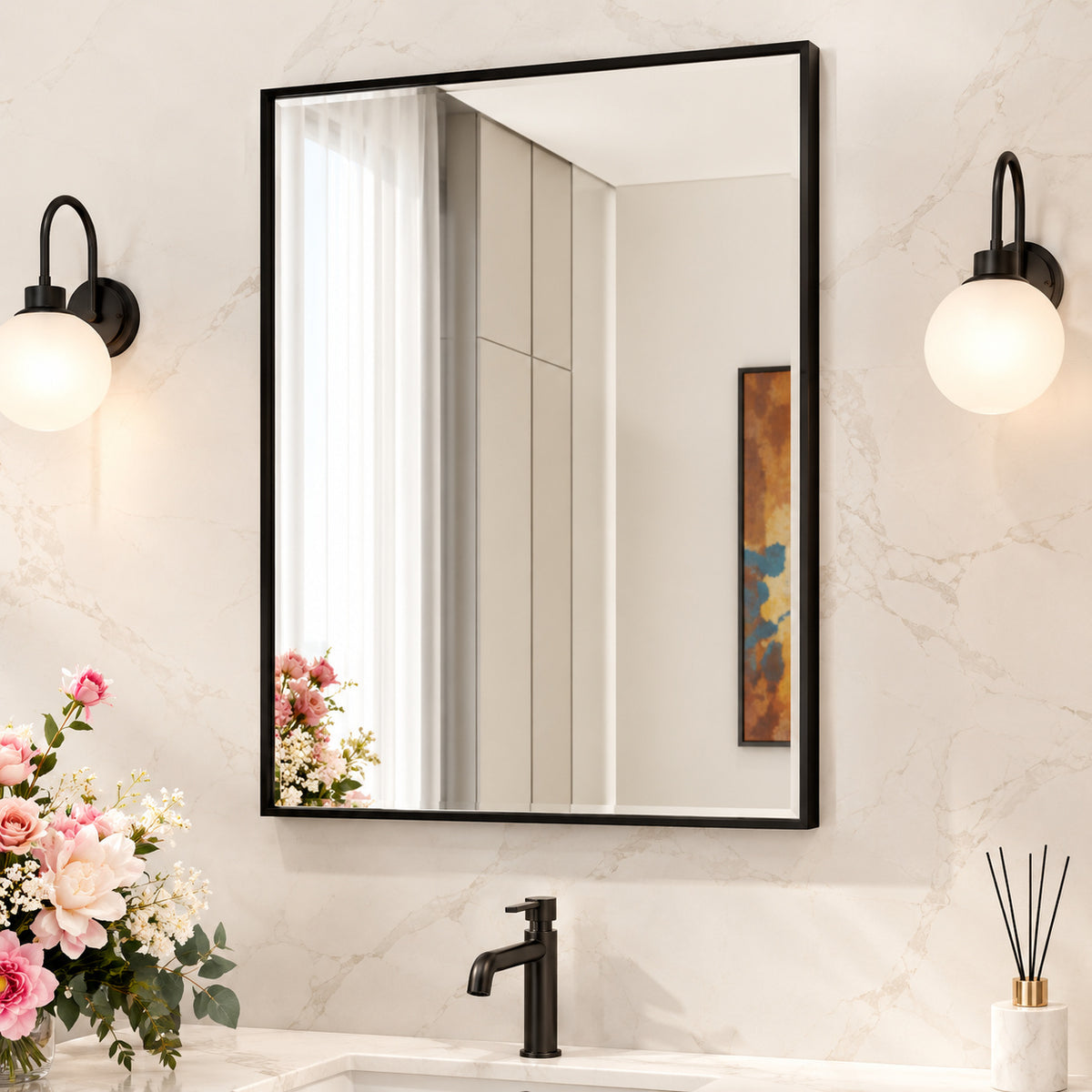 TETOTE 22 in W x 30 in H Rectangular Oil Rubbed Bronze Mirrors for Bathroom Wall Beveled Mirror Bathroom Vanity Mirror HD BM62 5576OB