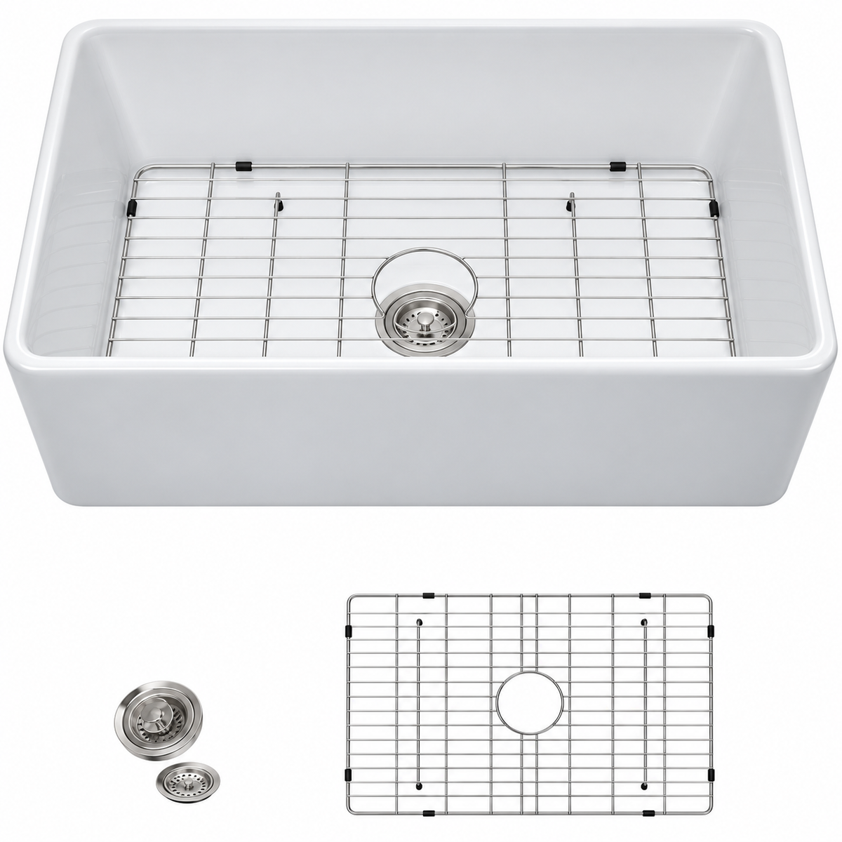 Fulorni 30 x 18 White Fireclay Farmhouse Kitchen Sink Reversible Apron Front Single Bowl Glossy Ceramic Porcelain Sinks HD FL3018AWR1MJ