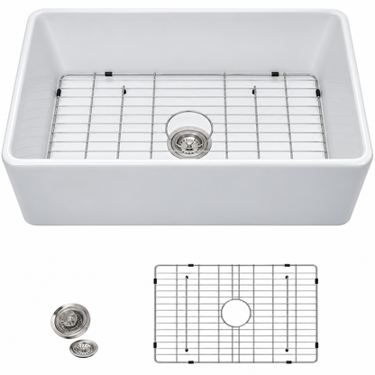 Fulorni 30 x 18 White Fireclay Farmhouse Kitchen Sink Reversible Apron Front Single Bowl Glossy Ceramic Porcelain Sinks HD FL3018AWR1MJ