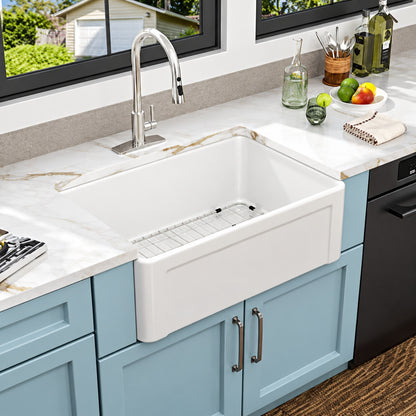 Fulorni 30 x 18 White Fireclay Farmhouse Kitchen Sink Reversible Apron Front Single Bowl Glossy Ceramic Porcelain Sinks HD FL3018AWR1MJ