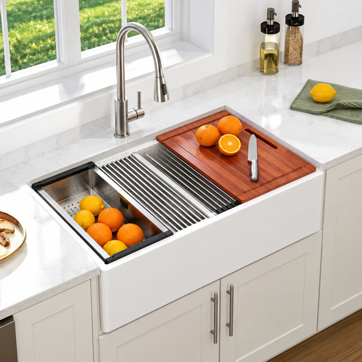 Dcolora 33 In Gloss White 50 50 Split Double Bowl Farmhouse Sink Ceramic Apron Front Workstation Kitchen Sink Country Style DC A8879