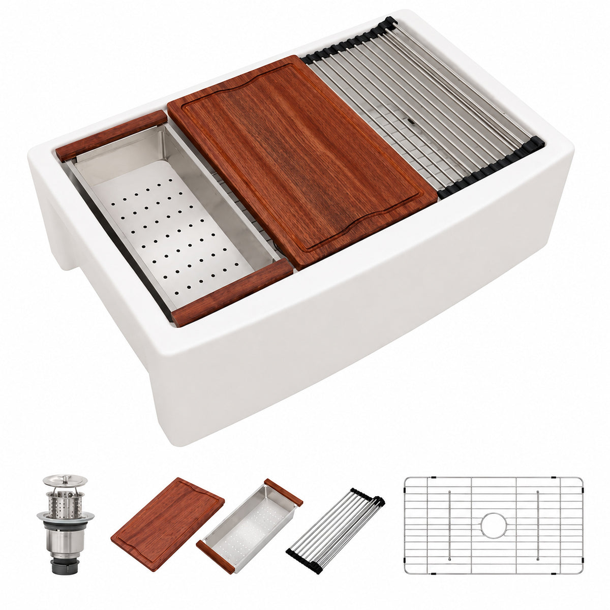 Dcolora 33 in White Workstation Ceramic Farmhouse Sink Curved Apron Front Porcelain Single Bowl with Slide Ledge Kitchen Sink DC A7766