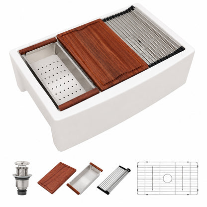 Dcolora 33 in White Workstation Ceramic Farmhouse Sink Curved Apron Front Porcelain Single Bowl with Slide Ledge Kitchen Sink DC A7766