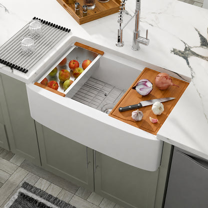 Dcolora 33 in White Workstation Ceramic Farmhouse Sink Curved Apron Front Porcelain Single Bowl with Slide Ledge Kitchen Sink DC A7766