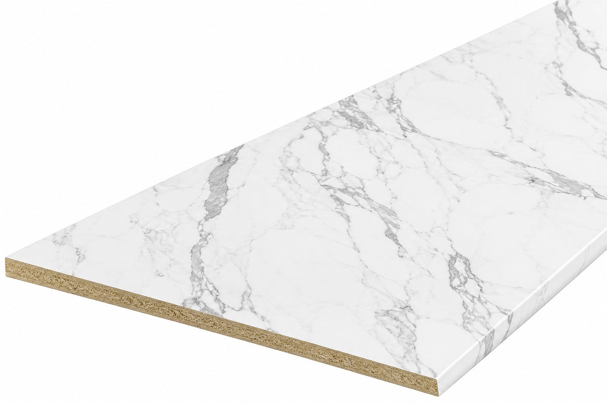 Latitude 59 6ft L x 25 in D Left Miter Laminate Countertop in Matte White Marble with Double Radius Edge 125WMLMLAM 72