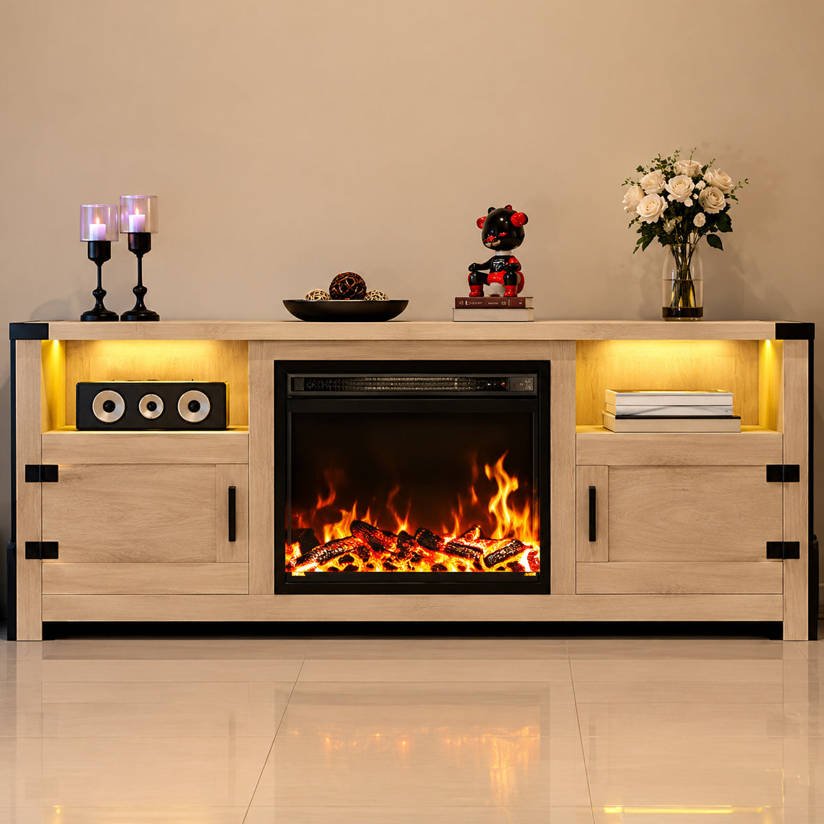 LACOO 58 in Beige TV Stand with Fireplace Fits TVs up to 65in LED Entertainment Center with Storage Shelves and Cabinets V TS 0846 L6