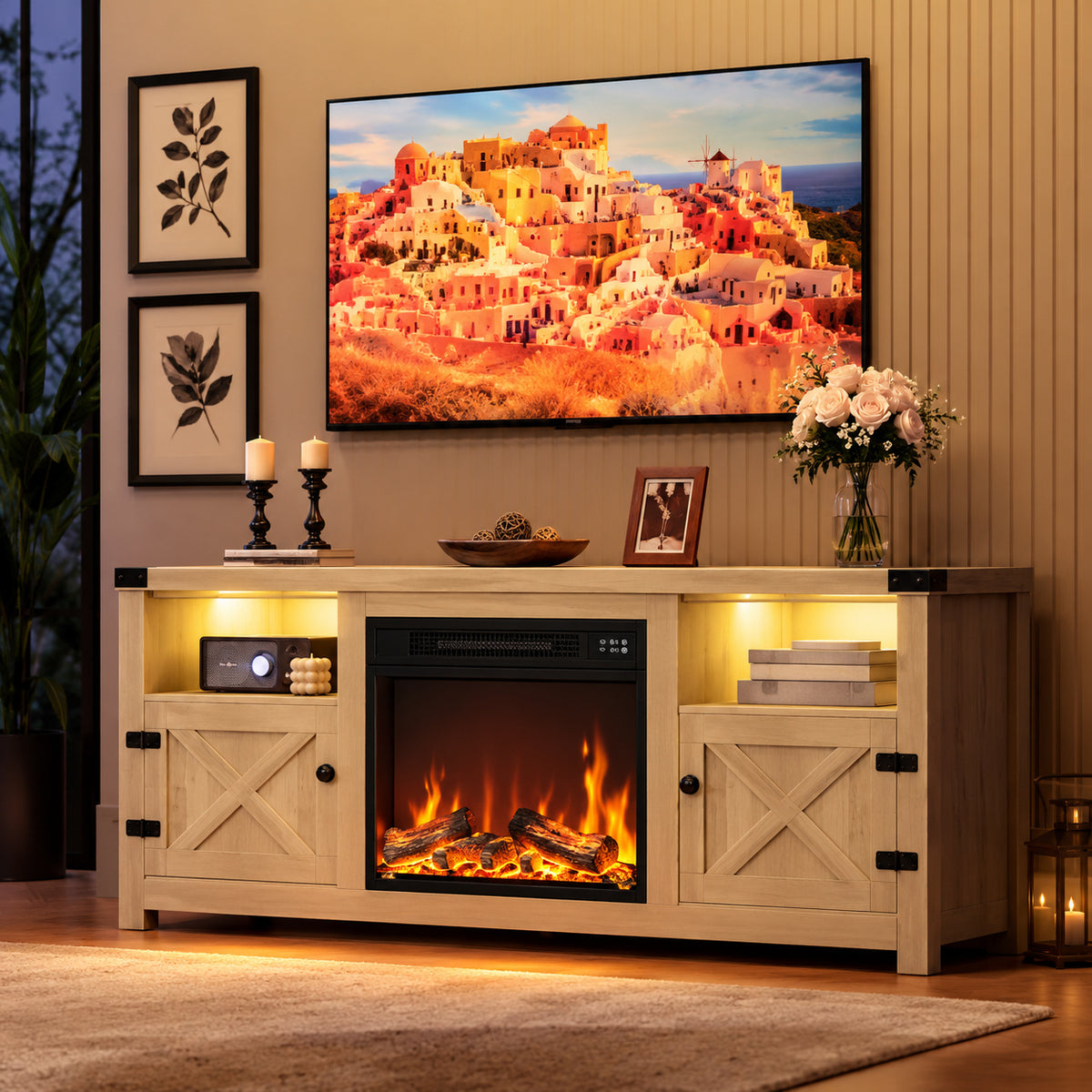 LACOO 58 in Beige TV Stand with Fireplace Fits TVs up to 65in LED Entertainment Center with Storage Shelves and Cabinets V TS 0846 L6