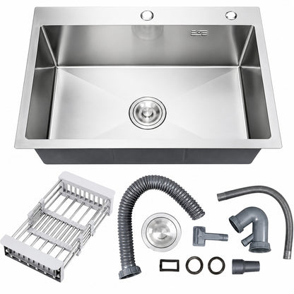 Whatseaso 30 in Topmount Undermount Drop in Single Bowl Stainless Steel Kitchen Sink with Basket Strainer