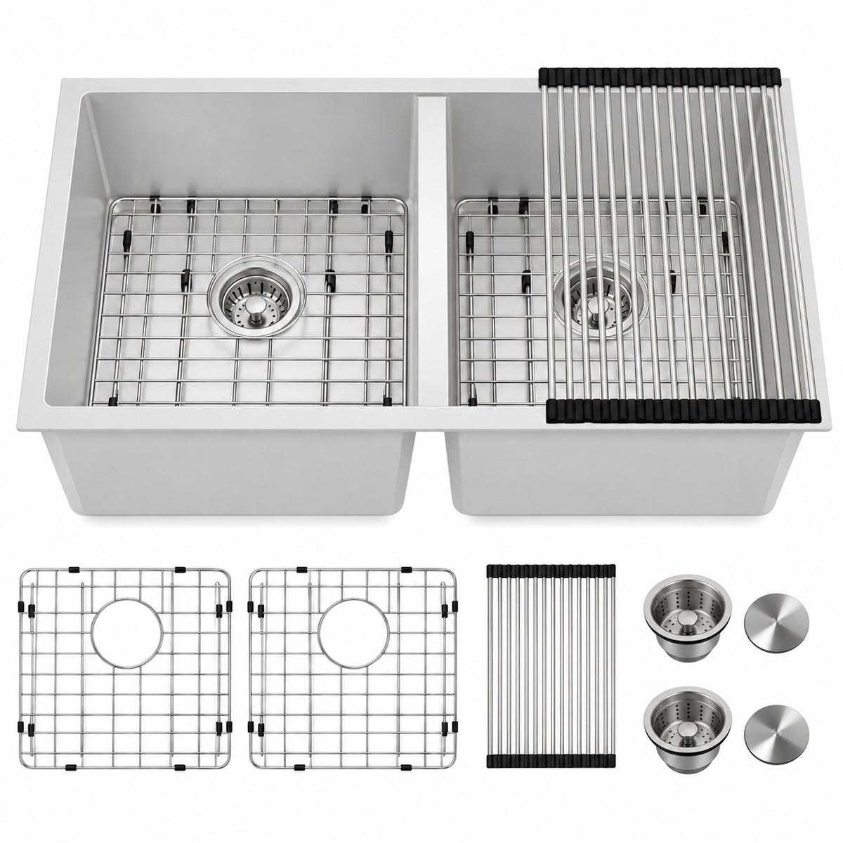 Fulorni 33 in Classic White Quartz Granite Composite Kitchen Sink Undermount 50 50 Double Bowl Basin Easy to Clean HD FL GU3319W2