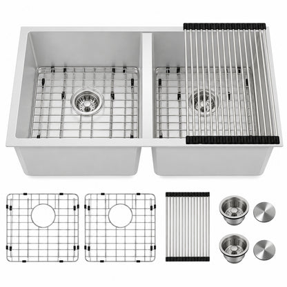 Fulorni 33 in Classic White Quartz Granite Composite Kitchen Sink Undermount 50 50 Double Bowl Basin Easy to Clean HD FL GU3319W2