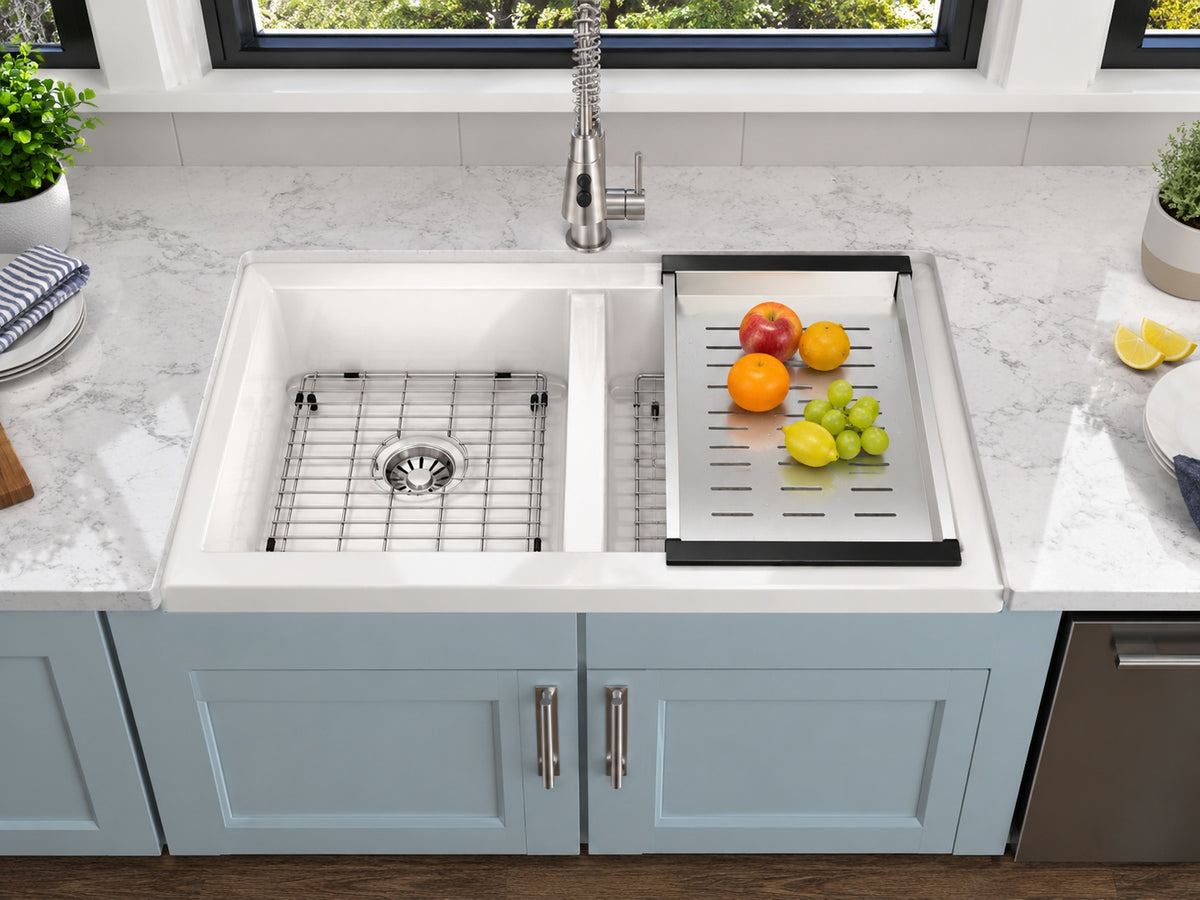 Fulorni 33 in Classic White Quartz Granite Composite Kitchen Sink Undermount 50 50 Double Bowl Basin Easy to Clean HD FL GU3319W2