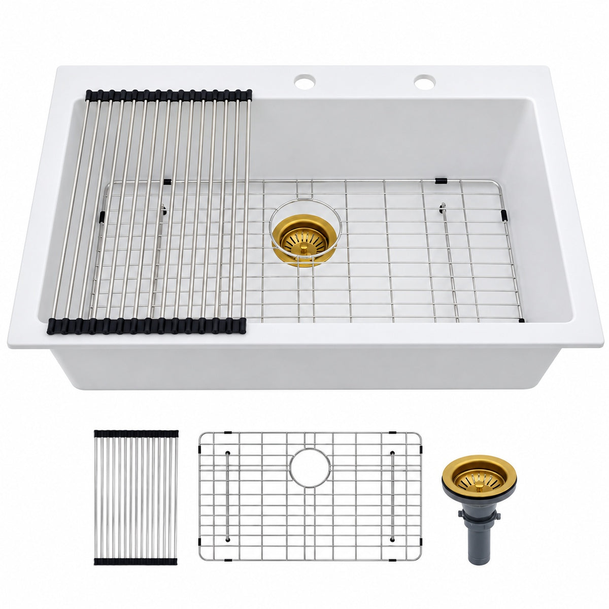 Kichae 33 in Undermount White Granite Quartz Composite Single Bowl Kitchen Sink with Bottom Grid with Gold Drain Kit