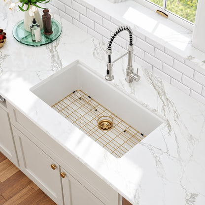 Kichae 33 in Undermount White Granite Quartz Composite Single Bowl Kitchen Sink with Bottom Grid with Gold Drain Kit