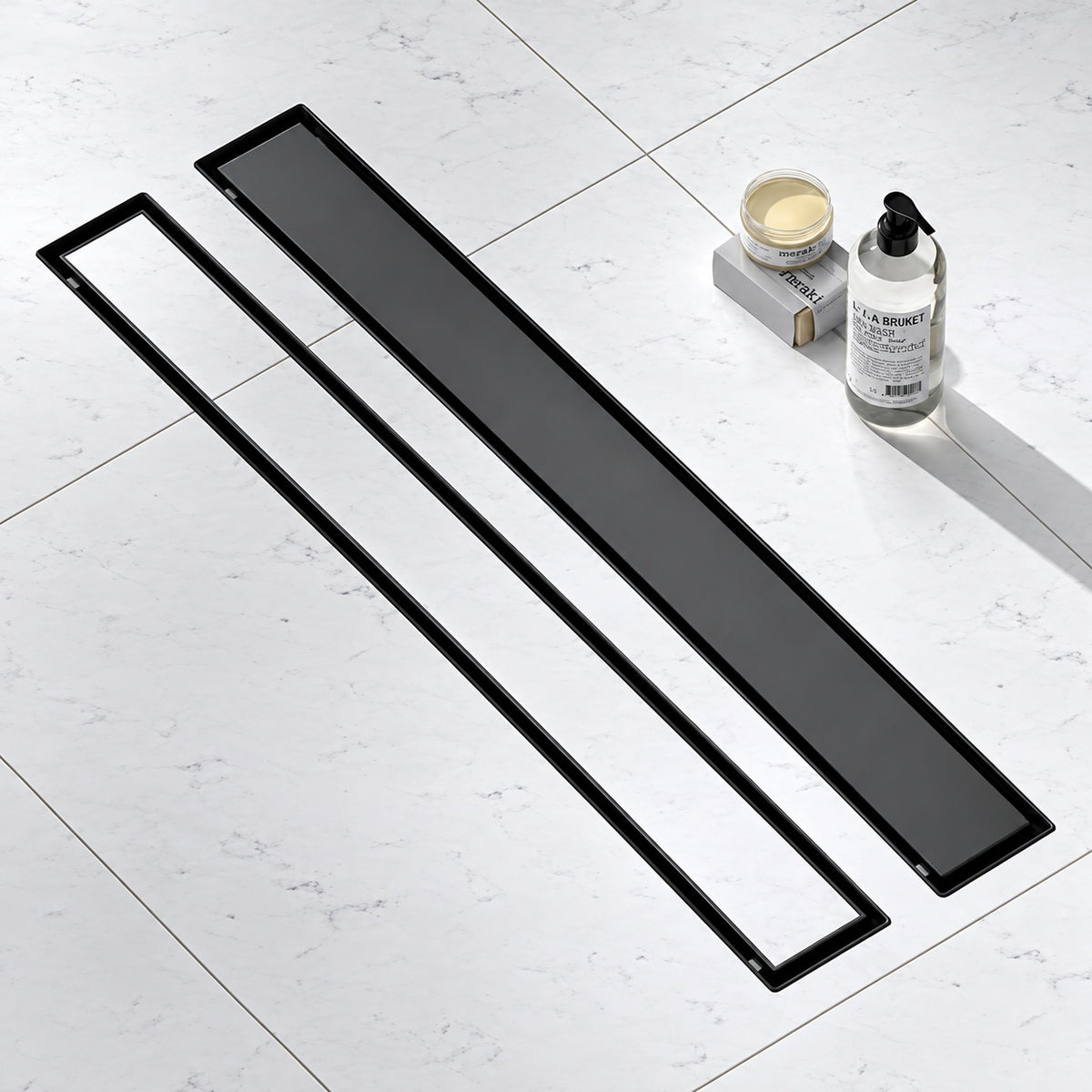 HOMEMYSTIQUE 24 in Linear Shower Drain with 2 in 1 Tile Insert Grate 304 Stainless Steel Floor Drain w Strainer Matte Black H 105FD24 B