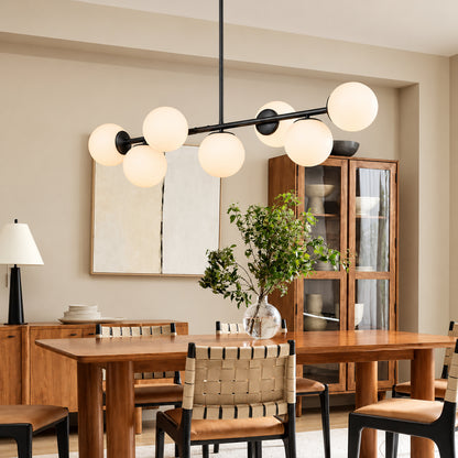 Merra 7 Light Matte Black Pendant Design Linear Chandelier with Frosted Glass Shades for Dining Room with No Bulbs Included PDL GRW7 BK BNHD 1