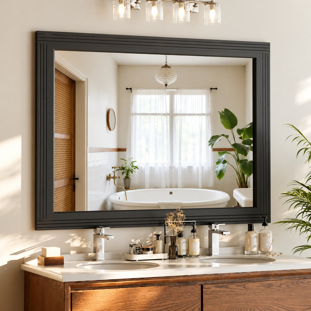 XRAMFY Antique Black 30 in W x 40 in H Rectangle Wood Framed Vanity Door Mounted Mirror WMN20RTSW3040BK